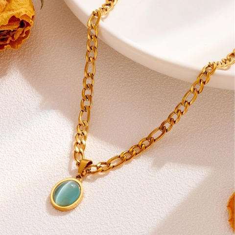 Collier Chaîne Épaisse en Acier Titane Vintage pour Femme Plaqué Or Pendentif Ovale en Pierre Œil de Chat Artificielle