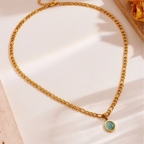 Collier Chaîne Épaisse en Acier Titane Vintage pour Femme Plaqué Or Pendentif Ovale en Pierre Œil de Chat Artificielle