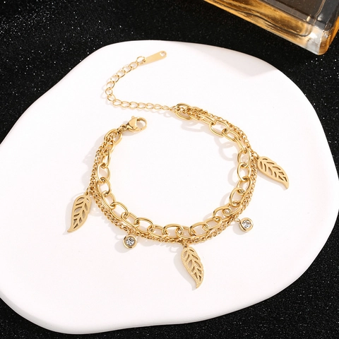 Bracciale da Donna in Acciaio Inossidabile a Doppio Strato Con Pendenti a Foglia Traforata e Zirconia Gioielli Catena Placcata Oro