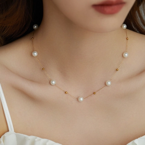 French Light Luxury Gypsophila Artificial Pearl Gold Bead Titanium Steel Necklace Bracelet Set Elegant Clavicle Chain Jewelry For Women