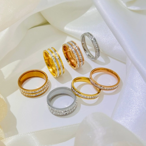 Minimalist Stainless Steel Eternity Ring With Zirconia Inlaid Single Double Row Spinner Band Ring For Men Women Jewelry