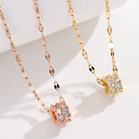 Titanium Steel Waisted Cylinder Pendant Necklace Exquisite Rhinestone Inlaid Rose Gold Silver Chain For Women Jewelry