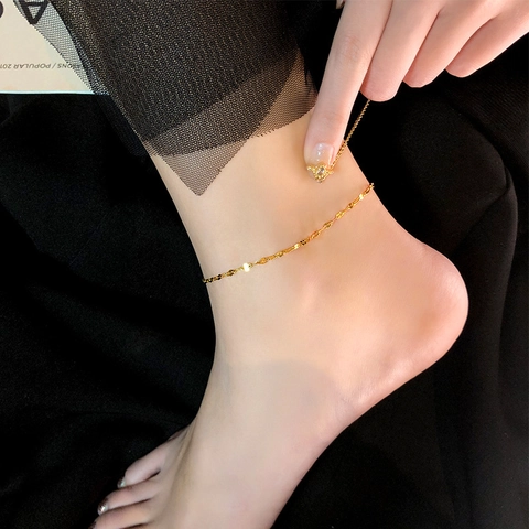Tobillera de Acero de Titanio Chapado en Oro de 18K Cadena de Labios Minimalista Diamante de Imitación Patrón de Ondas para Mujer
