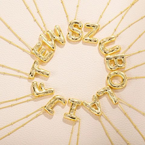 Titanium Steel Puffy Initial Letter Pendant Necklace Gold Plated Rhinestone Inlaid Satellite Chain Necklace For Women Jewelry