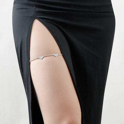Sexy Heart Rhinestone Leg Chain Black Elastic Thigh Ring For Women Silver Alloy Heart Garter Beach Club Body Jewelry Accessory