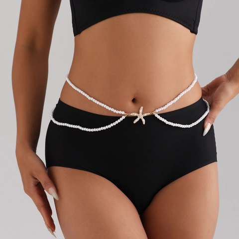 Mujer Sexy Cadena de Cintura de Doble Capa Imitación Perla Artificial Oro Aleación Estrella de Mar Strass Colgante Bikini Joyería