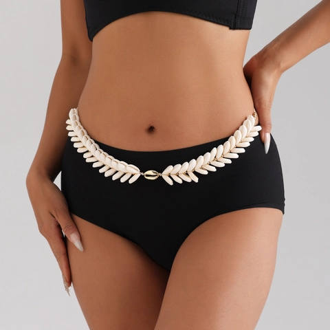 Bohemian Shell Waist Chain Natural Cowrie Shell Gold Alloy Adjustable Handmade Woven Summer Beach Vacation Women Body Chain