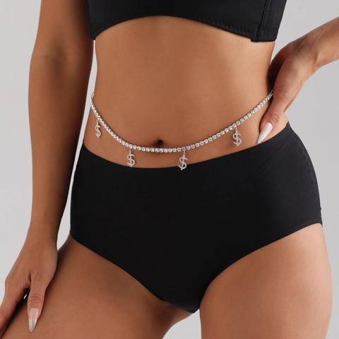 Mode Zilver Legering Strass Dollarteken Hanger Tailleketting Voor Vrouwen Hip Hop Lichaamsketting Sieraden Riem Accessoire