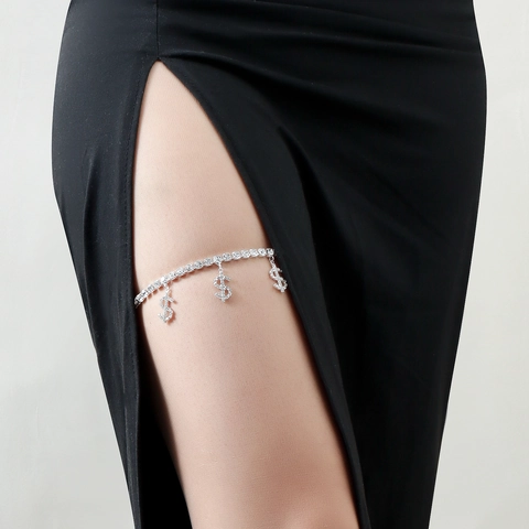 Sexy Black Elastic Band Rhinestone Dollar Sign Thigh Chain For Women Beach Party Punk Alloy Money Symbol Leg Chain Jewelry