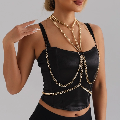 Chaîne de Corps Punk Hip Hop en Métal Doré pour Femmes Maillon Cubain Chaîne de Poitrine Multicouche Harnais Accessoires de Mode