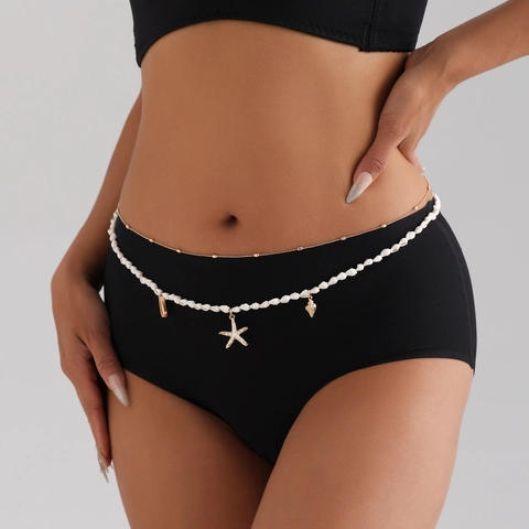 Cadena de Cuerpo Bohemio con Dije de Concha y Estrella de Mar Mujer Aleación Cuentas Doble Capa Cadena de Cintura para Playa Verano Joyería