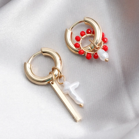 Asymmetric Gold Plated Alloy Artificial Baroque Pearl Hoop Earrings With Beads Cross Pendant Geometric Drop Earrings For Women