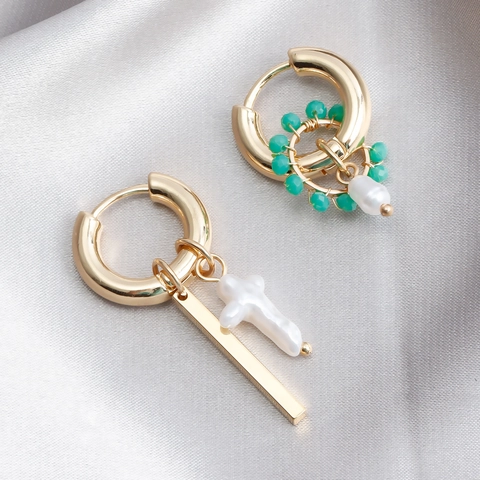 Asymmetric Gold Plated Alloy Artificial Baroque Pearl Hoop Earrings With Beads Cross Pendant Geometric Drop Earrings For Women