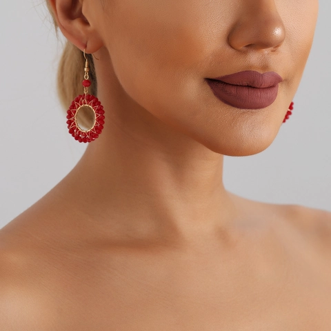 Bohemian Woven Crystal Beads Circle Hoop Earrings For Women Retro Colorful Geometric Dangle Earrings Personalized Jewelry