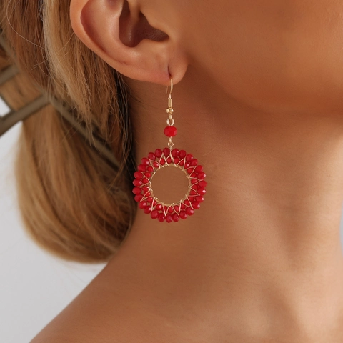 Bohemian Woven Crystal Beads Circle Hoop Earrings For Women Retro Colorful Geometric Dangle Earrings Personalized Jewelry
