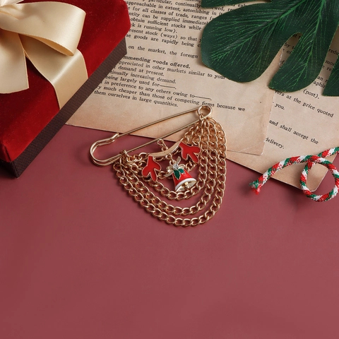 Fashion Christmas Brooch For Women Gold Alloy Multi-layer Chain Reindeer Antler Bell Rhinestone Enamel Festive Pin Jewelry