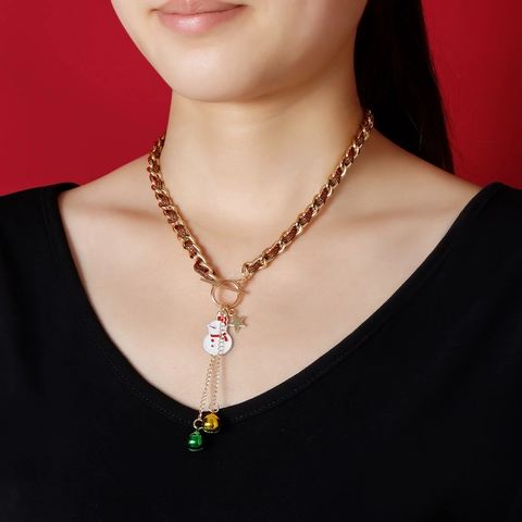 Christmas Bell Element Necklace For Women New Year Gift Alloy Gold Plated Santa Claus Snowman Pendant Festive Jewelry