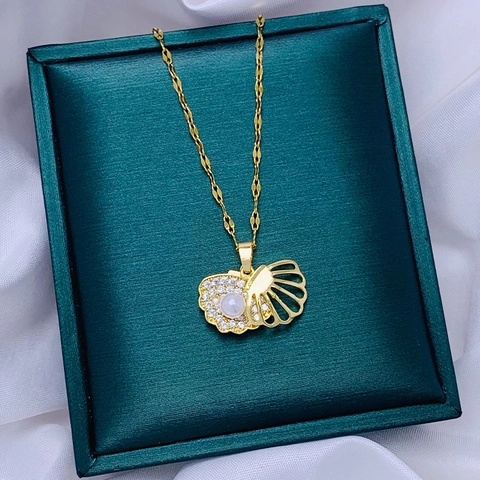 Collana Pendente a Forma di Conchiglia in Acciaio Inossidabile Rame Placcato Oro Con Perla Artificiale Strass Gioielli Donna