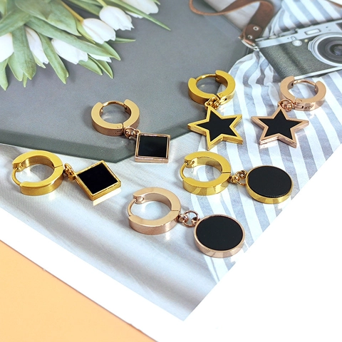 Boucles d'Oreilles Créoles Géométriques en Acier Inoxydable Minimaliste Émail Étoile Ronde Carrée Pendentif Bijoux Électroplaqué Femme
