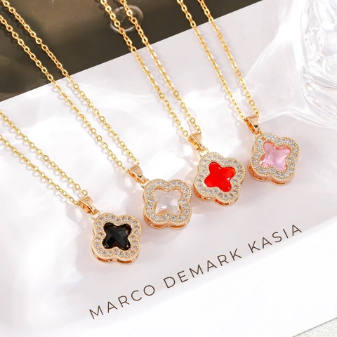 Elegant Four-leaf Clover Pendant Necklace Stainless Steel Gold Plated Rhinestone Zirconia Fashion Jewelry Women Gift