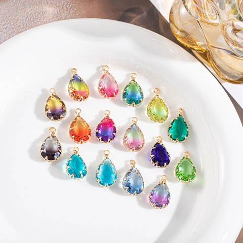 Kupfer Vergoldet Wassertropfen Künstlicher Kristall Anhänger Ohne Kette Facettiert Farbverlauf Glas Charm Für DIY Schmuck