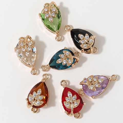 Copper Cubic Zirconia Teardrop Pendant Connector For DIY Jewelry Making Hollow Leaf Embellished Water Drop Pendants Only