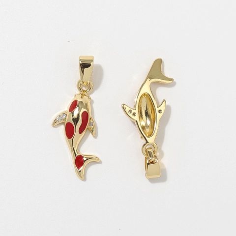 Chinese Style Lucky Koi Carp Copper Enamel Pendant For DIY Jewelry Making Gold Red Rhinestone Animal Fish Charms Accessories