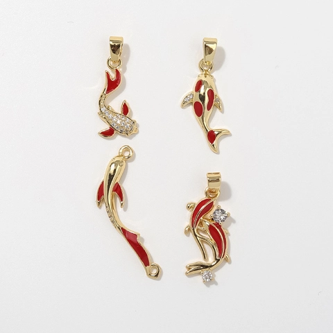 Chinese Style Lucky Koi Carp Copper Enamel Pendant For DIY Jewelry Making Gold Red Rhinestone Animal Fish Charms Accessories