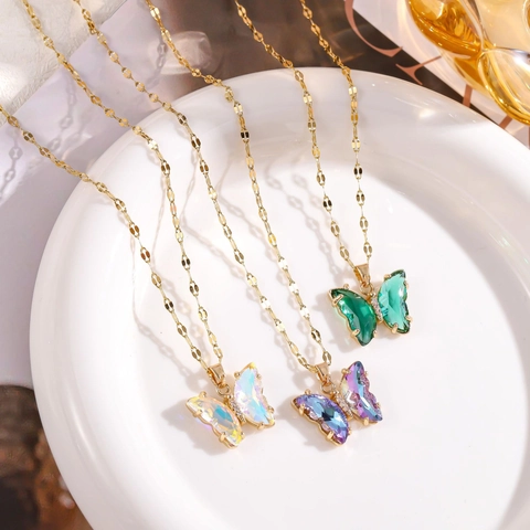 Titanstahl Schmetterling Anhänger Halskette Für Damen Mikro-eingelegter Zirkonia Bunte Kristall Schmetterling Schlüsselbeinkette Schmuck