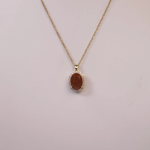 French Vintage Oval Goldstone Blue Sandstone Pendant Necklace Copper Gold Silver Plated Zirconia Halo Necklace For Women