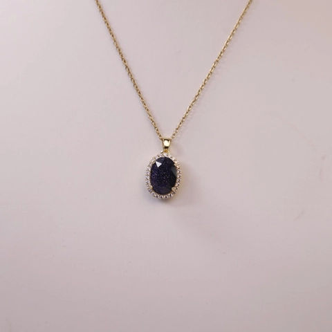French Vintage Oval Goldstone Blue Sandstone Pendant Necklace Copper Gold Silver Plated Zirconia Halo Necklace For Women
