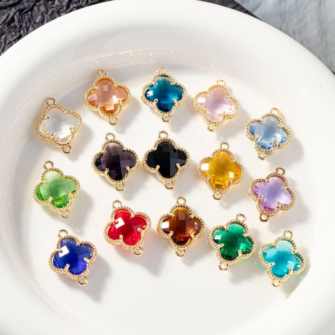 Copper Gold Plated Rhinestone Clover Charms For DIY Jewelry Making Colorful Faceted Glass Flower Pendants Connectors For Bracelets Necklace Earrings