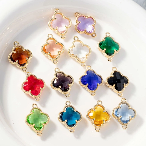 Copper Gold Plated Rhinestone Clover Charms For DIY Jewelry Making Colorful Faceted Glass Flower Pendants Connectors For Bracelets Necklace Earrings
