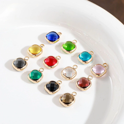 Copper Gold Plated Square Crystal Pendant For Necklace Earring DIY Jewelry Making Minimalist Faceted Glass Stone Charm Accessories
