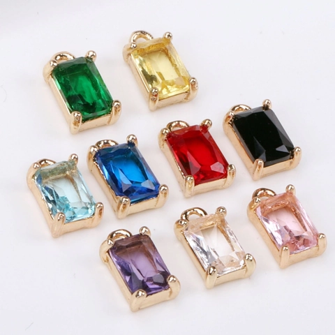 Rectangular Crystal Pendant Copper Gold Plated Emerald Cut Geometric Charm For DIY Necklace Earring Jewelry Making Accessory