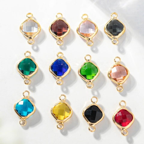 Square Faceted Glass Gemstone Connectors Gold Plated Copper Frame Dual Loop Charms For DIY Jewelry Making Accessories