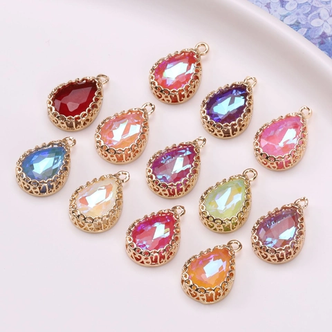 Gold Plated Copper Waterdrop Crystal Pendant For DIY Jewelry Making Necklace Earrings Filigree Hollow Pear Shape Charm