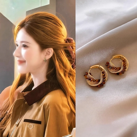 Retro Maillard Triangle Tiger Eye Stone Buckle Earrings With Silver Earring Post Gold Plated Geometric For Women