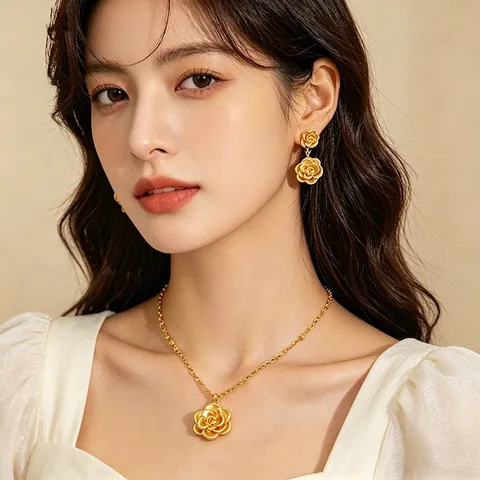 Collier Boucles D'Oreilles Fleur Rose Plaqué Or 18K Acier Inoxydable Avec Tige En Argent 925 Collection De Bijoux