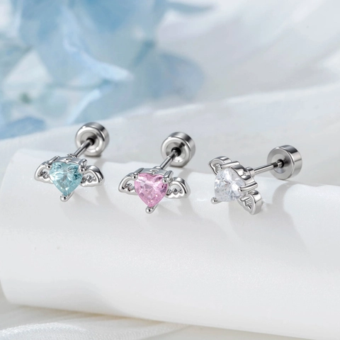 Angel Wings Heart Cubic Zirconia Cartilage Ear Stud Titanium Steel Threaded Flat Back Piercing Jewelry For Women