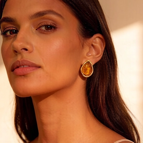 Pendientes De Botón Gota Acero Inoxidable Bañado Oro 18K Y Resina Forma Orgánica Irregular Minimalista Para Mujeres