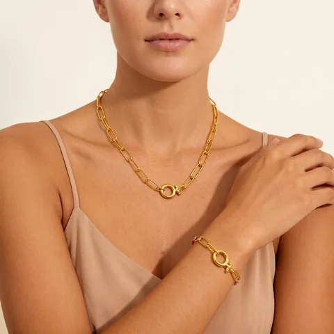 Paperclip Chain Necklace Bracelet 18K Gold PVD Plated Stainless Steel Round Spring Ring Clasp Minimalist Jewelry Women Men