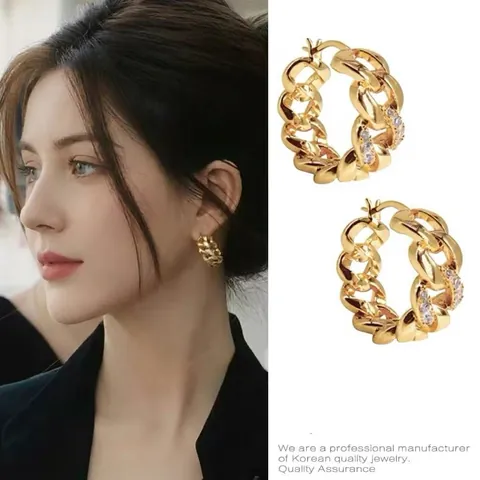 Hoop Ohrringe Gold Vergoldet Kupfer Ineinandergreifende Gliederkette Zirkon Eingelegt Modeschmuck Für Damen