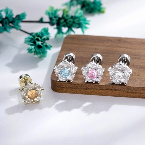 Flower Camellia Ear Cartilage Stud Earrings Titanium Steel Piercing Jewelry With Zircon Copper For Women Screw Flat Back