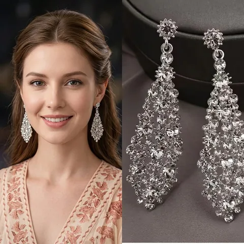 Rhombus Long Drop Earrings With Rhinestones And 925 Sterling Silver Earring Post Glamorous Party Jewelry For Women