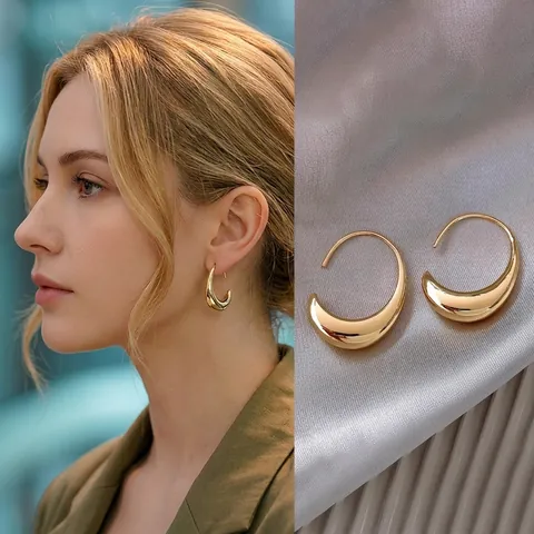Minimalist Oval Ear Hook Earrings 14K Gold Plated Metal Polished Geometric Chic Trendy Fashion Jewelry For Women Daily Wear