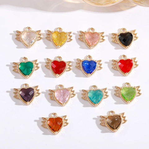 Gold Plated Copper Heart Angel Wings Pendant Colorful Rhinestone Inlaid DIY Jewelry Accessory For Necklace Bracelet Women