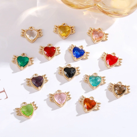 Gold Plated Copper Heart Angel Wings Pendant Colorful Rhinestone Inlaid DIY Jewelry Accessory For Necklace Bracelet Women