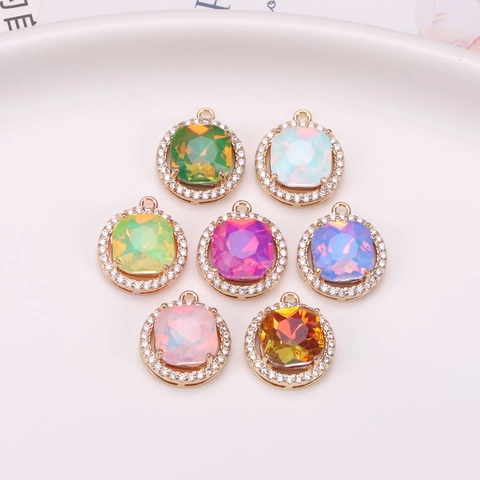 Cushion Cut Crystal Halo Pendant Only (Without Chain) Copper Plated Gold Rhinestone Charms Women DIY Jewelry Accessory