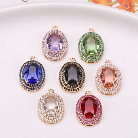 Oval Artificial Crystal Pendant With Rhinestone Double Halo Gold Plated Copper Charm For DIY Jewelry Making Accessories